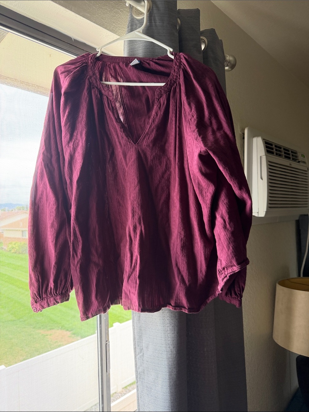 Women's Deep Burgundy Peasant Blouse - Casual V-Neck Long Sleeve